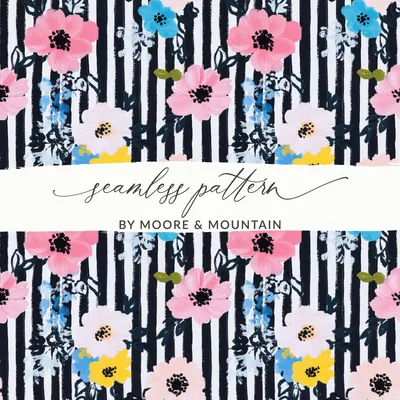Floral Stripe Digital Paper, Seamless Pattern, Pink Blue Yellow Flowers, Digital Background, Printable Fabric Design, Digital Files