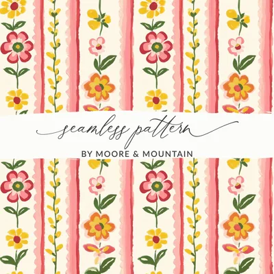 Floral Stripe Digital Paper, Seamless Pattern, Vintage Flower Design, Scrapbook Paper, Fabric Print, Commercial Use