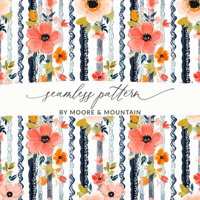 Floral Stripe Digital Paper, Seamless Pattern, Watercolor Flowers, Printable Fabric Design, Commercial Use, Digital Download
