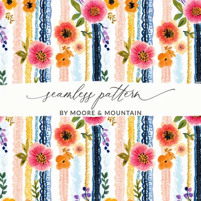 Floral Stripe Digital Paper, Watercolor Flower Seamless Pattern, Repeating Flower Design, Scrapbook Paper, Commercial Use Digital