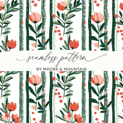 Floral Stripe Seamless Background Wallpaper Flower Stripes Modern Pattern Green and Orange Print