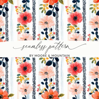 Floral Stripe Seamless Pattern, Digital Paper, Watercolor Flowers, Fabric Design, Scrapbooking, Commercial Use
