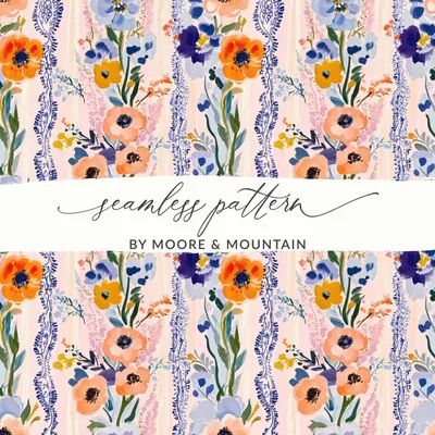 Floral Striped Wallpaper Seamless Pattern Digital, Anemone Flower Design, Pastel Repeat Pattern, Fabric Design, Vintage Floral Wallpaper