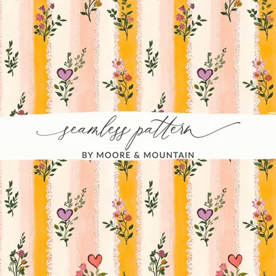 Floral Stripes Digital Paper, Heart Flowers Pattern, Seamless Pattern for Fabric, Scrapbook Paper, Digital Download, Commercial Use