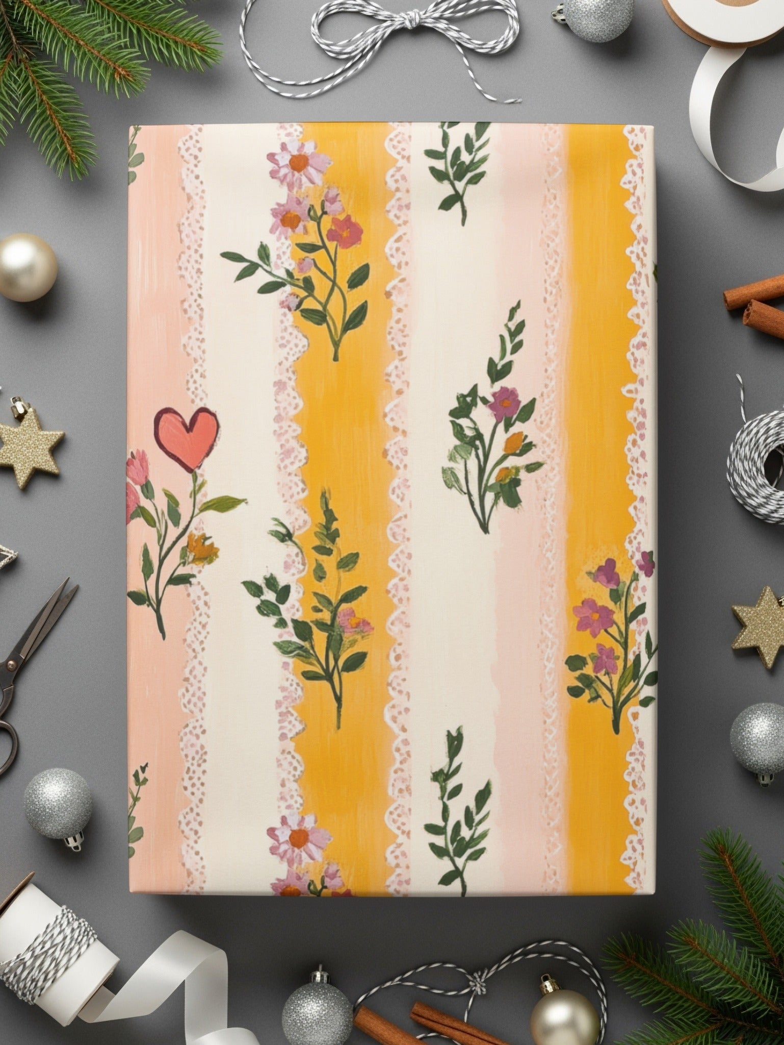 Floral Stripes Digital Paper, Heart Flowers Pattern, Seamless Pattern for Fabric, Scrapbook Paper, Digital Download, Commercial Use