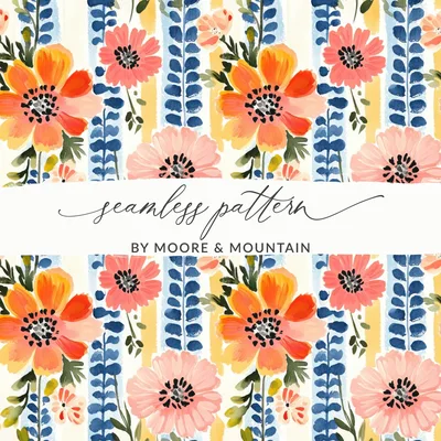 Floral Stripes Digital Paper, Seamless Flower Pattern, Pastel Backgrounds, Watercolor Texture, Digital Download for Fabrics, Crafts