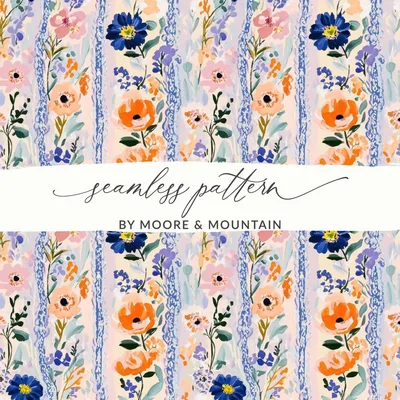 Floral Stripes Vintage Seamless Pattern, Digital Paper, Watercolor Flowers, Repeating Floral Print, Fabric Design