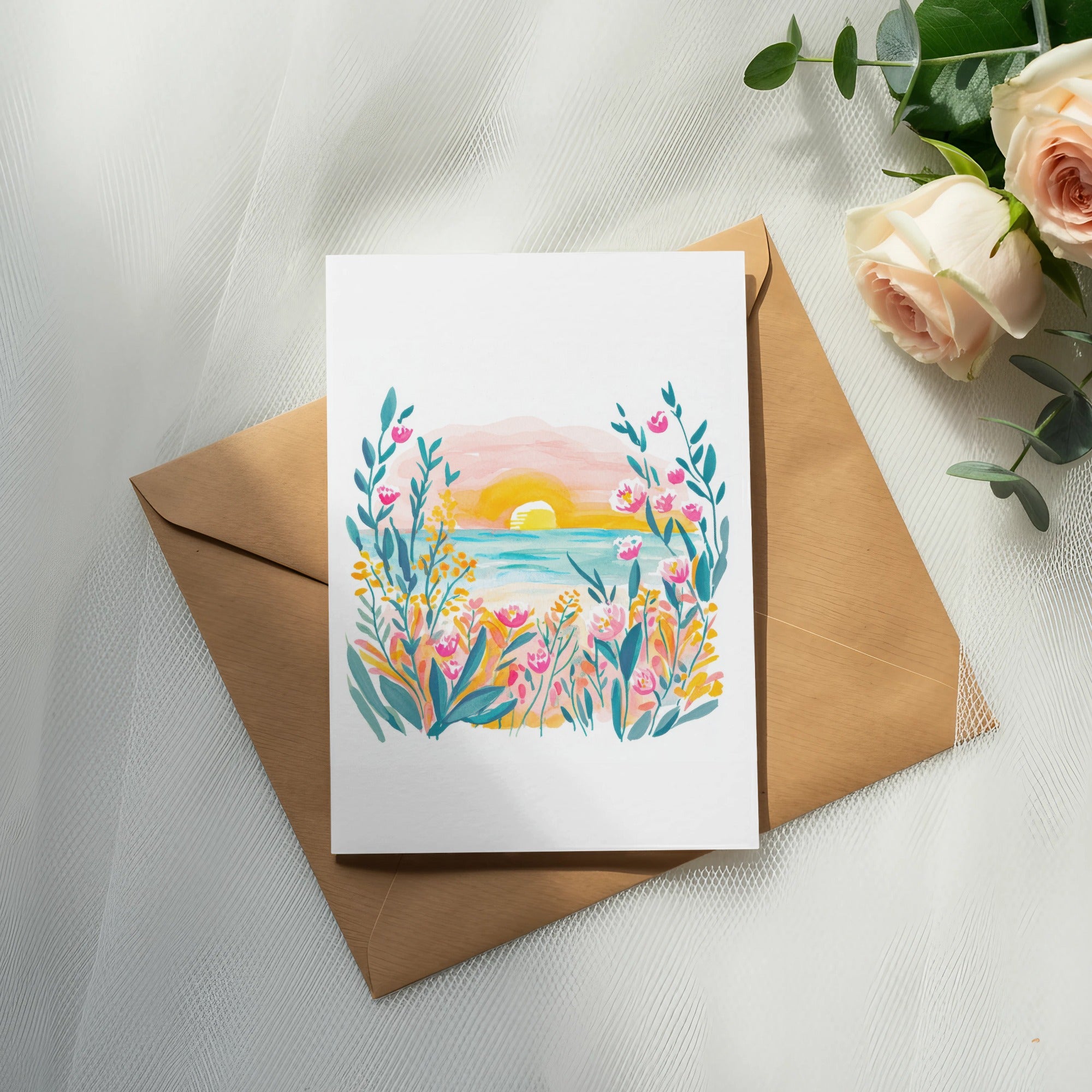 Floral Sunset Beach Illustration, Pastel Summer Art, Cute Ocean Scene SVG, Whimsical Seascape PNG, Trendy Preppy Girl Aesthetic