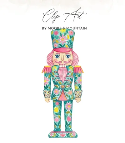 Floral Watercolor Nutcracker Digital Art Print, Whimsical Christmas Decor, Boho Holiday Clipart Download, Festive Pink Teal Design