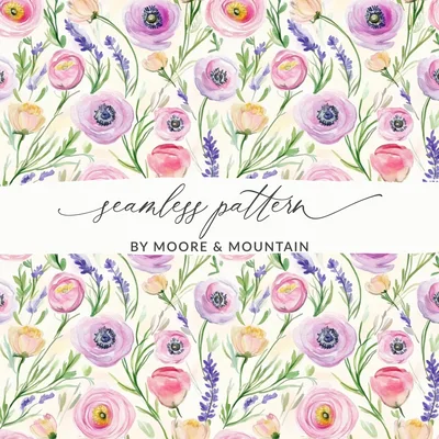 Floral Watercolor Pattern Repeating Surface Design for Fabric, Watercolor Purple Ranunculus