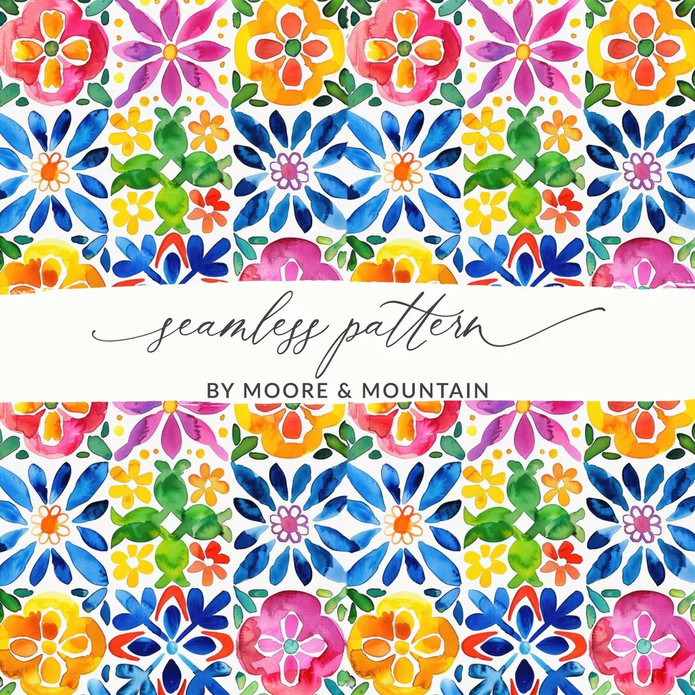 Floral Watercolor Seamless Pattern, Colorful Flower Tile Digital Paper Pack, Fabric Design Download, Mexican Talavera Floral, Digital