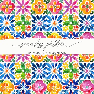 Floral Watercolor Seamless Pattern, Colorful Flower Tile Digital Paper Pack, Fabric Design Download, Mexican Talavera Floral, Digital