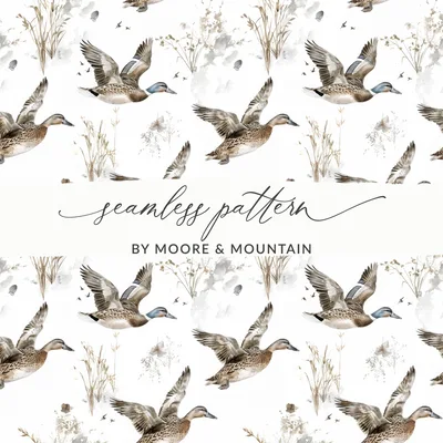 Flying Ducks Floral Nature Scene Watercolor Art Digital