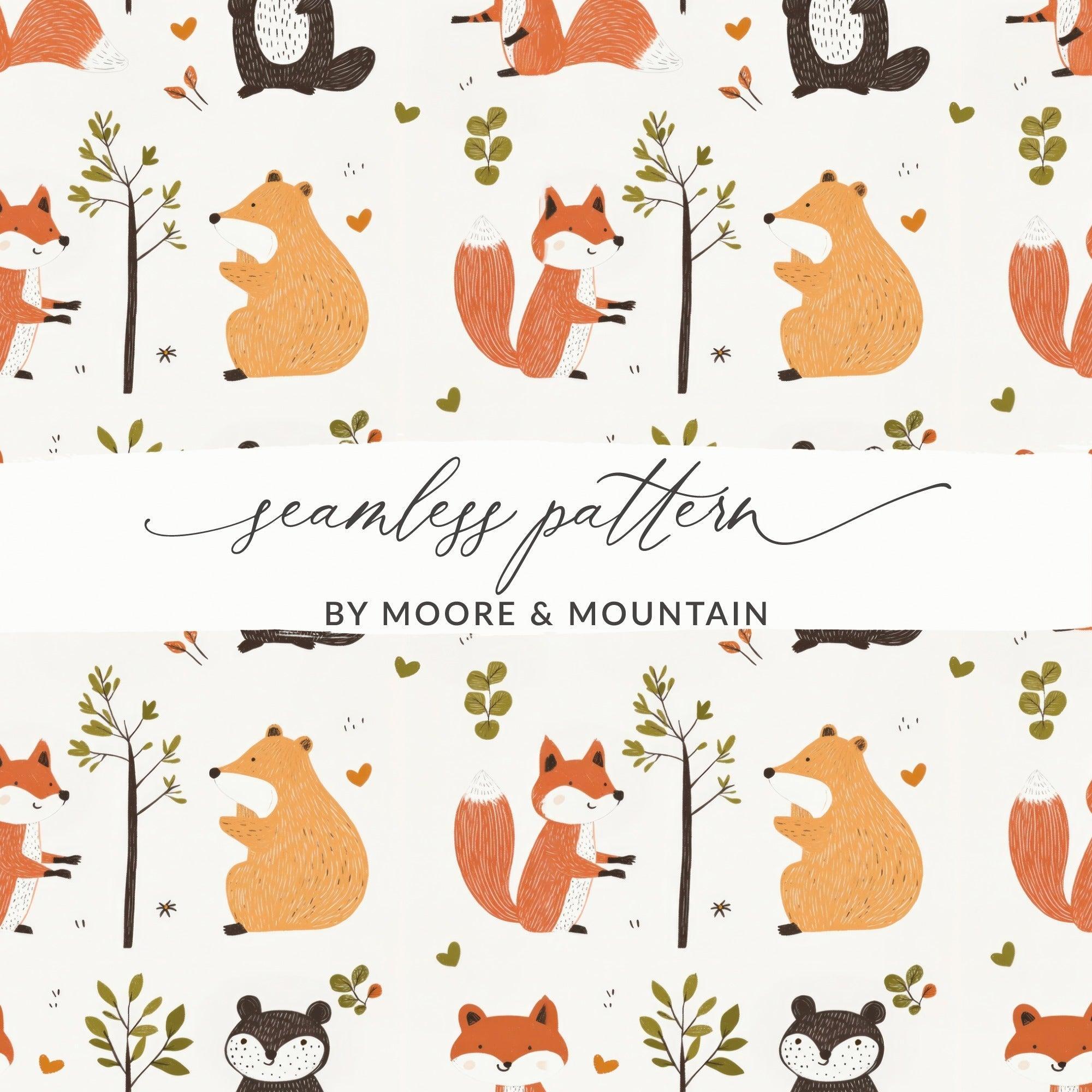 Forest Friends Digital Pattern, Seamless Animal Pattern, Fox, Bear, Beaver Digital Paper, Woodland Pattern, 12x12 JPEG, Two Scales, Digital