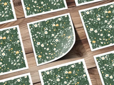 Garden Ditsy Floral Meadow Pattern on Olive Green Backdrop
