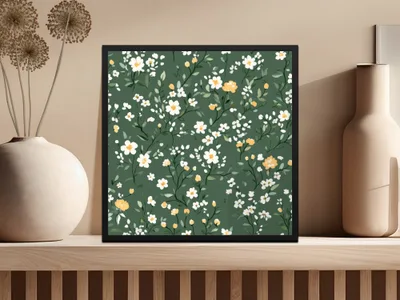 Garden Ditsy Floral Meadow Pattern on Olive Green Backdrop