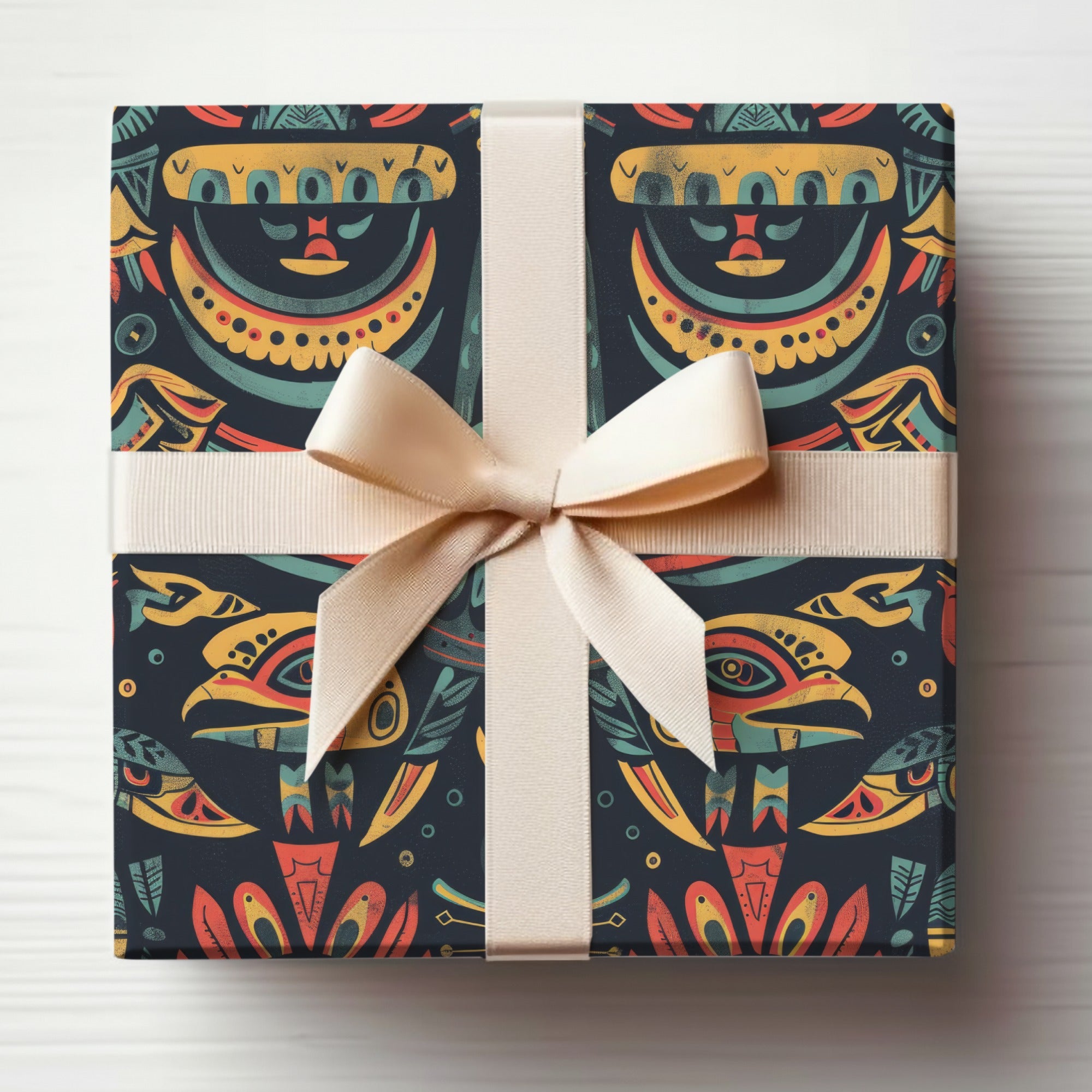 Geometric Indian with Birds Yellow Orange Teal Pattern