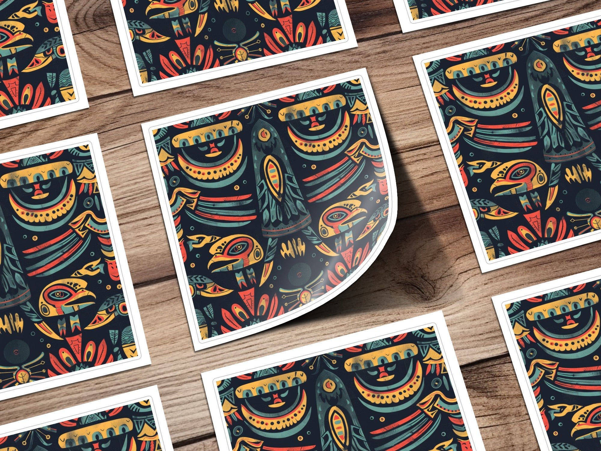 Geometric Indian with Birds Yellow Orange Teal Pattern