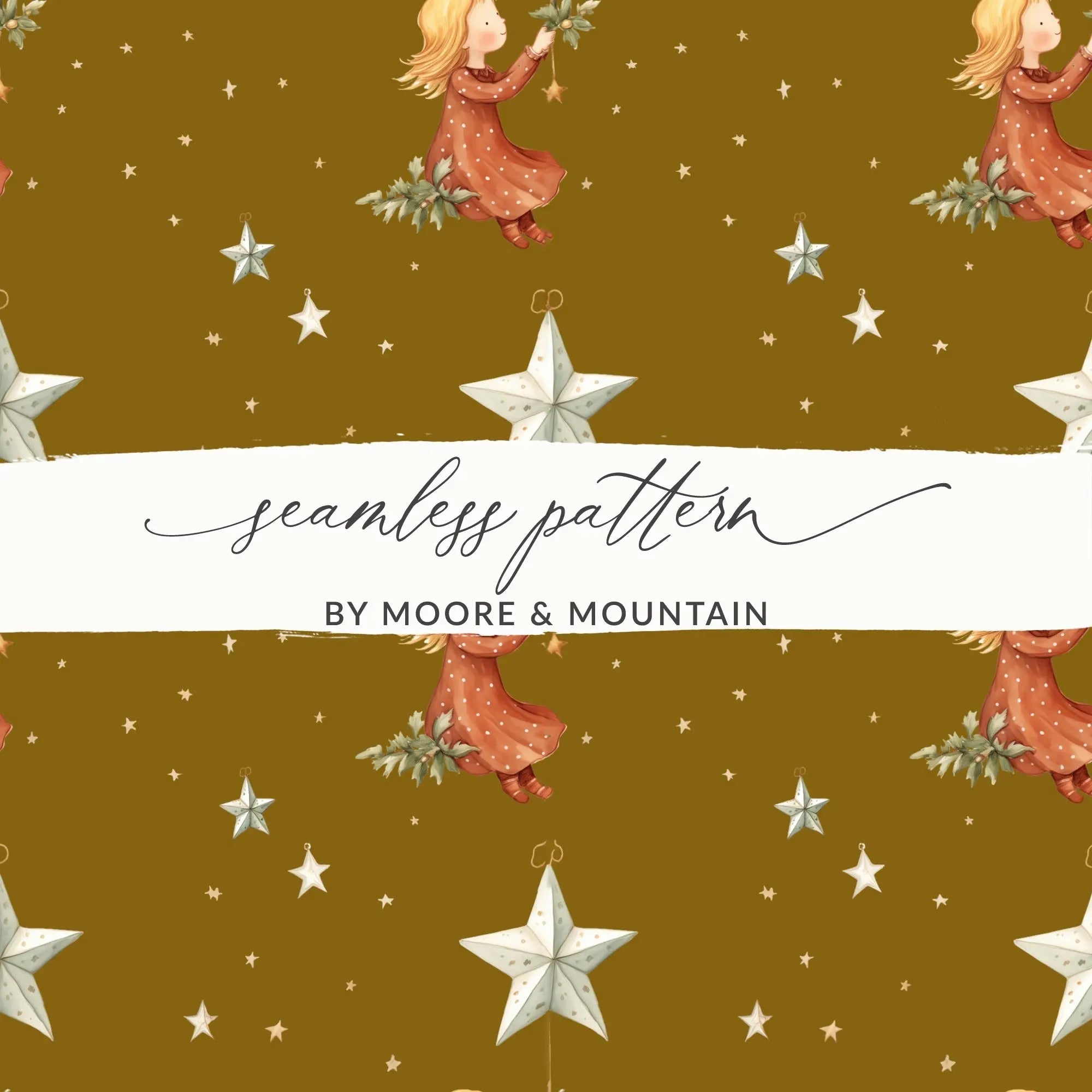 Girl with Stars Seamless Pattern Digital, Christmas Digital Paper, Holiday Design, Girl Illustration, Repeating Pattern for Fabric
