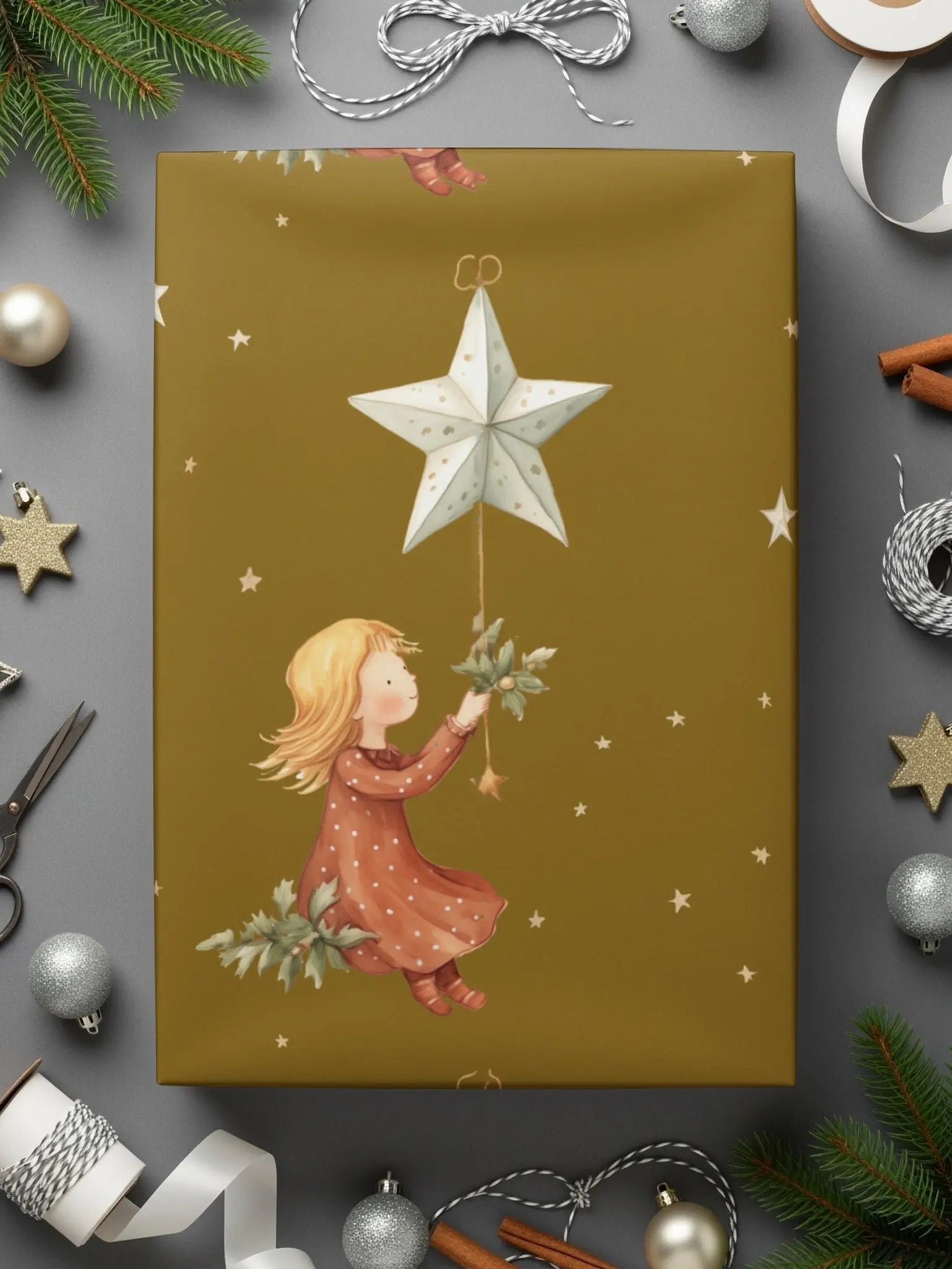 Girl with Stars Seamless Pattern Digital, Christmas Digital Paper, Holiday Design, Girl Illustration, Repeating Pattern for Fabric