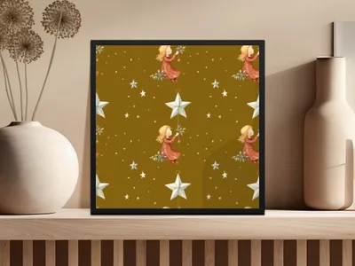 Girl with Stars Seamless Pattern Digital, Christmas Digital Paper, Holiday Design, Girl Illustration, Repeating Pattern for Fabric