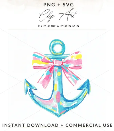 Girly Summer Anchor Digital Download, Preppy Beach Clipart, Trendy Seaside Sticker Design, Coastal Cowgirl Vibe, Cricut and Sublimation PNG SVG