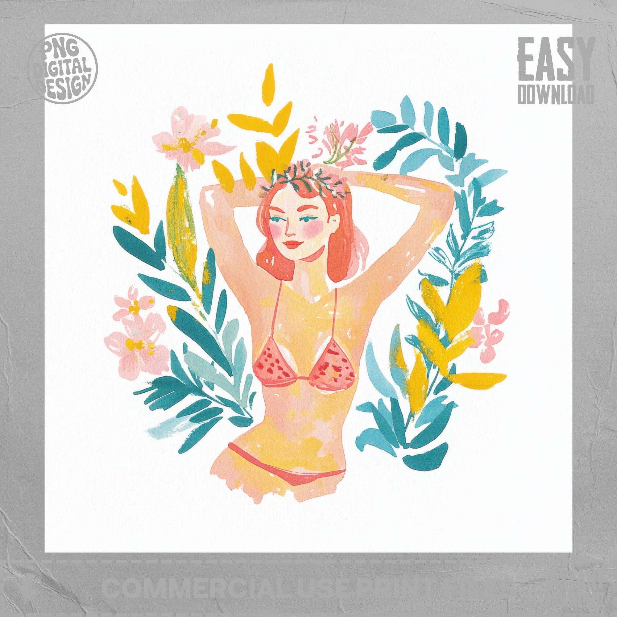 Girly Summer Girl With Floral Crown Illustration SVG, Cute Bikini Girl Clipart PNG, Retro Aesthetic Digital Art Download