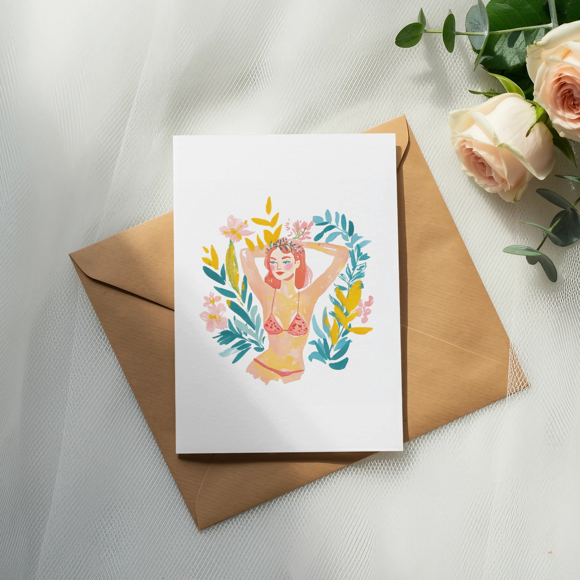 Girly Summer Girl With Floral Crown Illustration SVG, Cute Bikini Girl Clipart PNG, Retro Aesthetic Digital Art Download