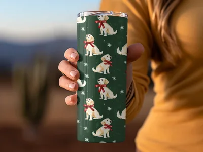 Golden Retrievers with Red Bows and Snowflakes Pattern Digital