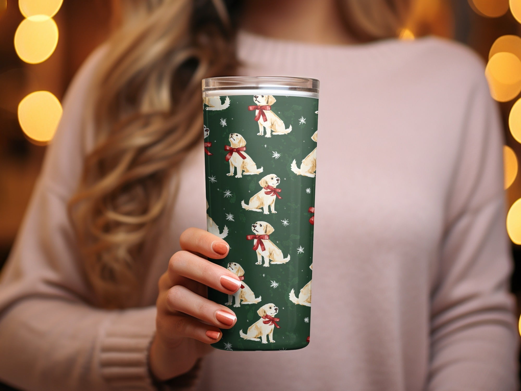 Golden Retrievers with Red Bows and Snowflakes Pattern Digital