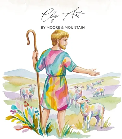 Good Shepherd Watercolor Digital Art Print, Colorful Jesus and Lambs, Christian Nursery Decor, Bible Story Illustration, Church Gift Idea