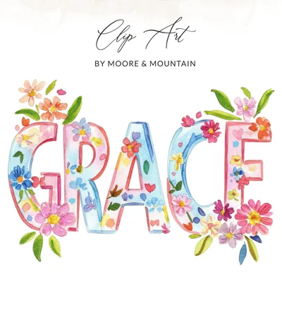 GRACE Floral Name Clipart, Watercolor Preppy PNG, Vibrant Pastel Flowers, Digital Download, Commercial Use, Printable Art, Girly Pop Design