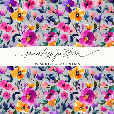 Gray Watercolor Floral Pattern Digital Paper, Seamless Pansy Flower Fabric Design, Printable Watercolor Floral Background, Colorful Flower