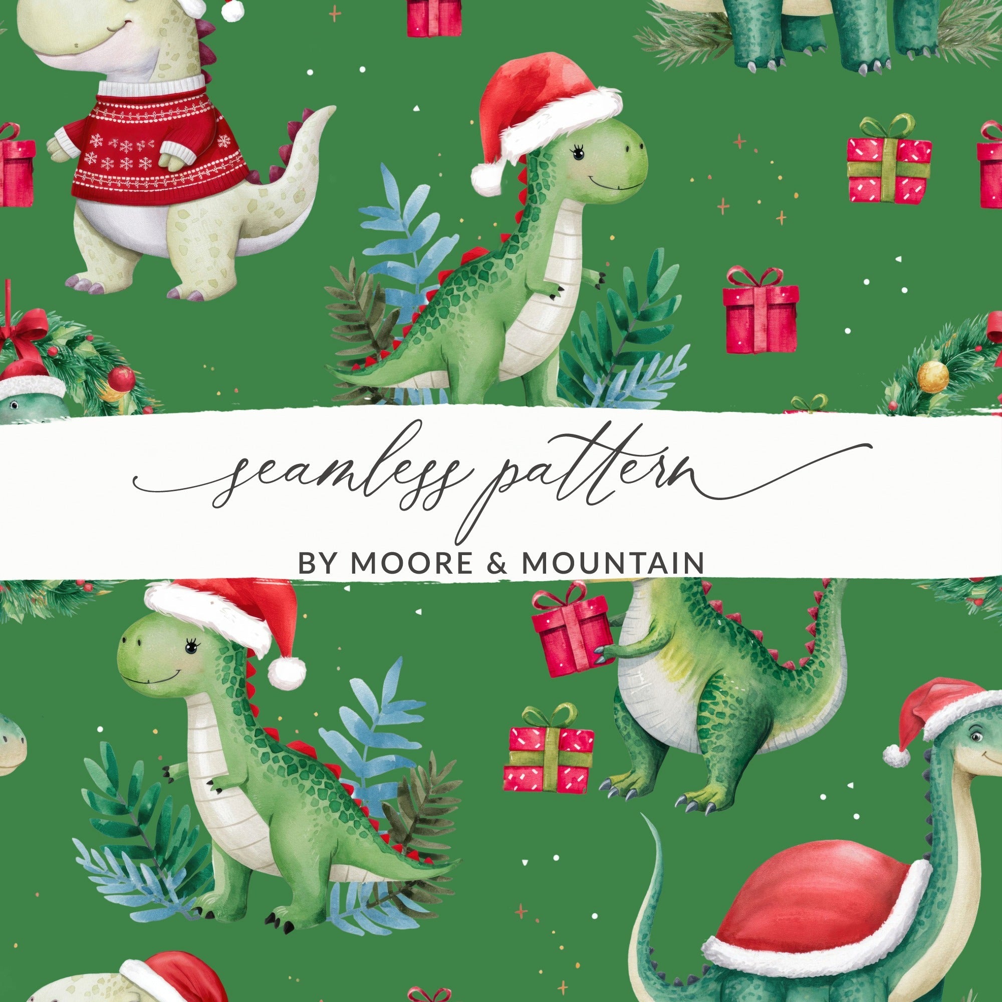 Green Christmas Dinosaur Digital Pattern, Winter Dino Art, Red Hat, Holiday Seamless Design, Festive Printable Paper, Kids Fabric Design