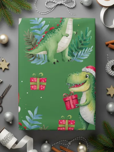 Green Christmas Dinosaur Digital Pattern, Winter Dino Art, Red Hat, Holiday Seamless Design, Festive Printable Paper, Kids Fabric Design