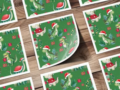 Green Christmas Dinosaur Digital Pattern, Winter Dino Art, Red Hat, Holiday Seamless Design, Festive Printable Paper, Kids Fabric Design