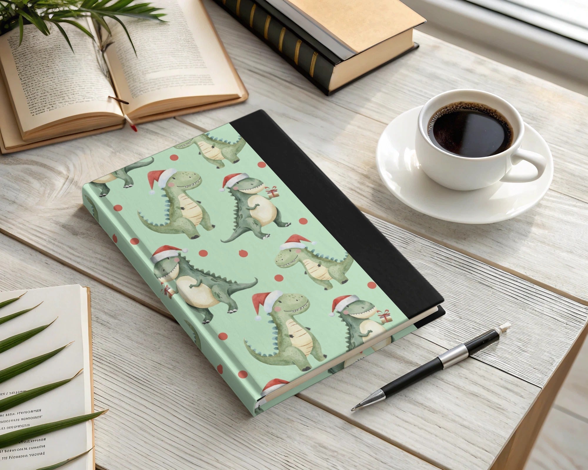 Green Dinosaurs With Red Santa Hat Pattern for Christmas Digital