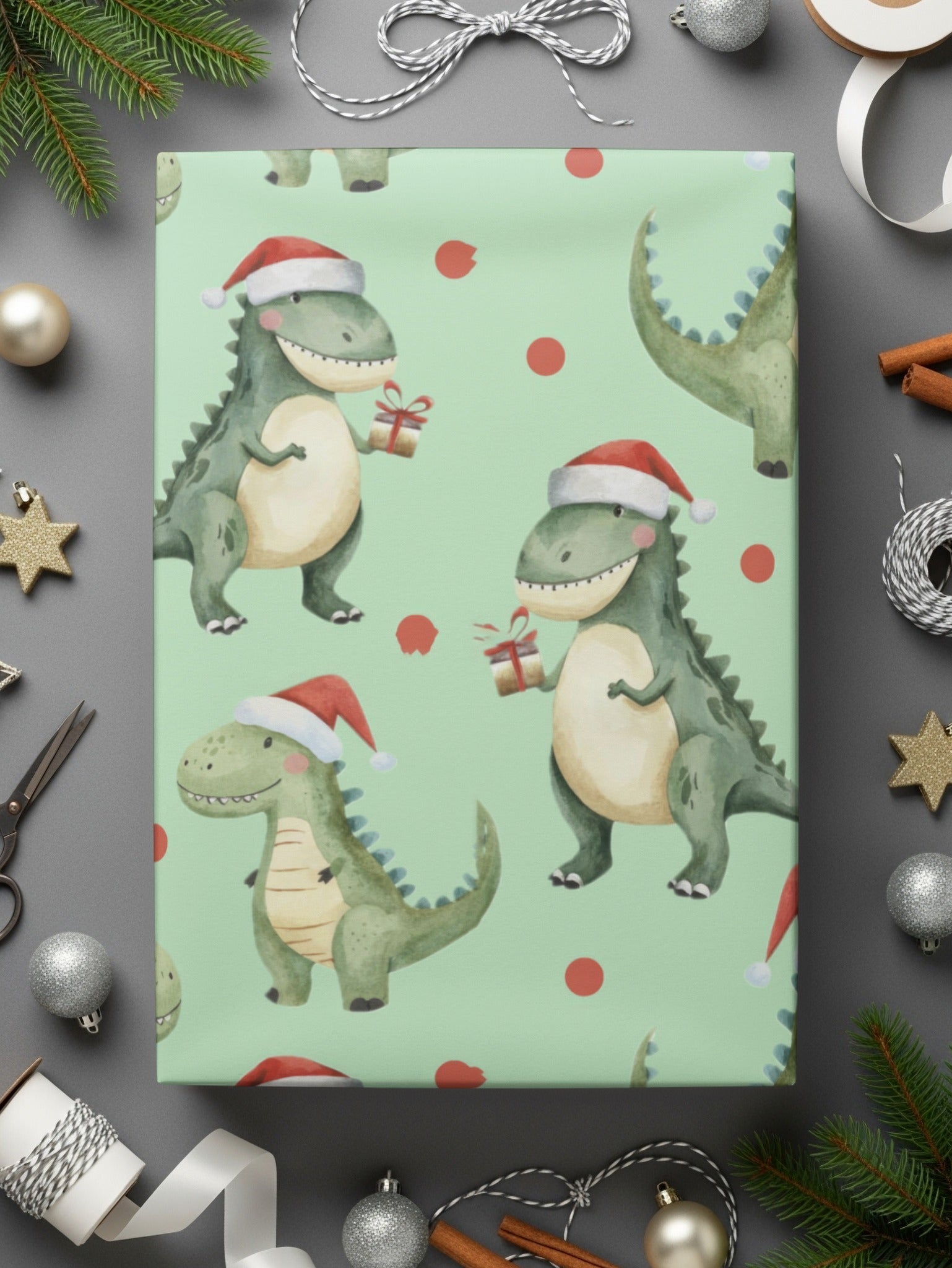 Green Dinosaurs With Red Santa Hat Pattern for Christmas Digital