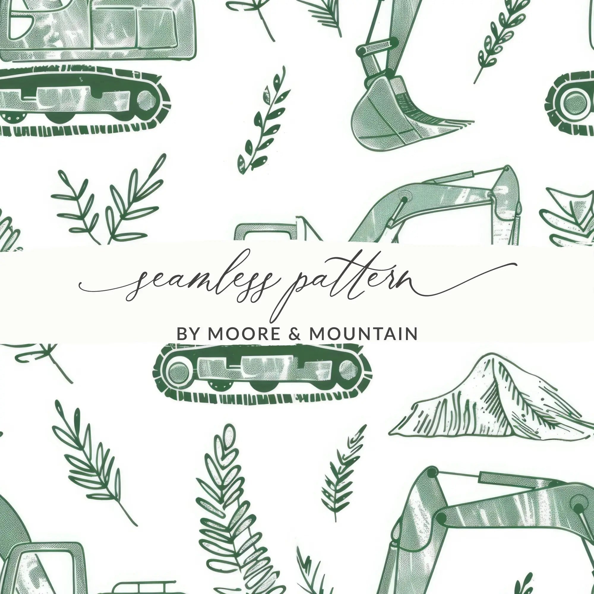Green Excavator Digital Paper, Construction Vehicle Seamless Pattern, Kids Room Decor, Scrapbooking Paper, Digital Download