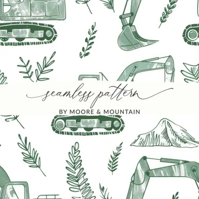 Green Excavator Digital Paper, Construction Vehicle Seamless Pattern, Kids Room Decor, Scrapbooking Paper, Digital Download