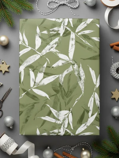 Green Monochrome Botanical Leafy Line Art Pattern
