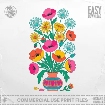 Groovy Retro Floral Vase Art Print, Psychedelic 60s 70s Flowers Digital Download, Vibrant Poppy Daisy Bouquet Wall Art, Instant Download