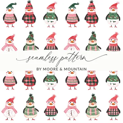 Hand Drawn Penguin Collection with Winter Accessories Digital