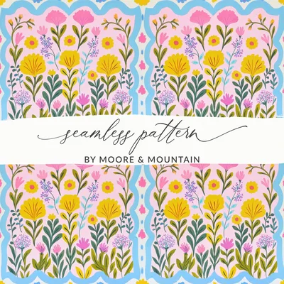 Hand Painted Floral Tile Pattern Digital, Cottagecore Folk Art Flowers, Whimsical Botanical Repeat, Pastel Scalloped Frame Design, Nursery