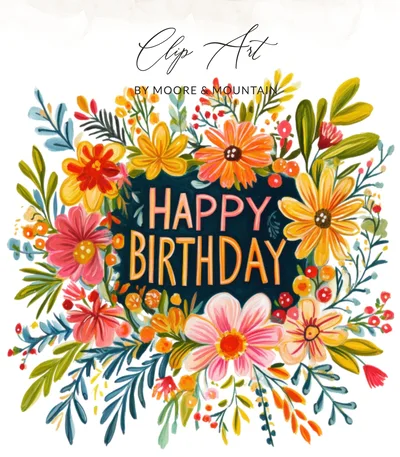 Happy Birthday Floral Wreath Clip Art PNG SVG Digital Download | Preppy Birthday Graphics | Colorful Flower Art for Cards & Party Decor