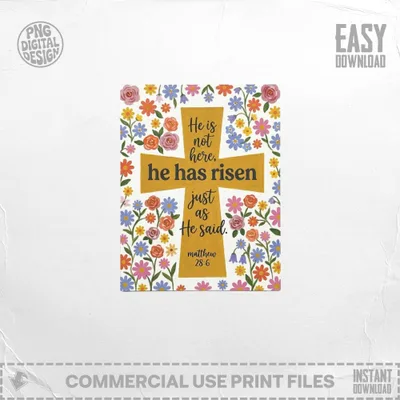 He Has Risen SVG, PNG, Digital Download, Easter Scripture Art, Christian Cross Floral Design, Matthew 28 6 Verse, Religious Home Decor