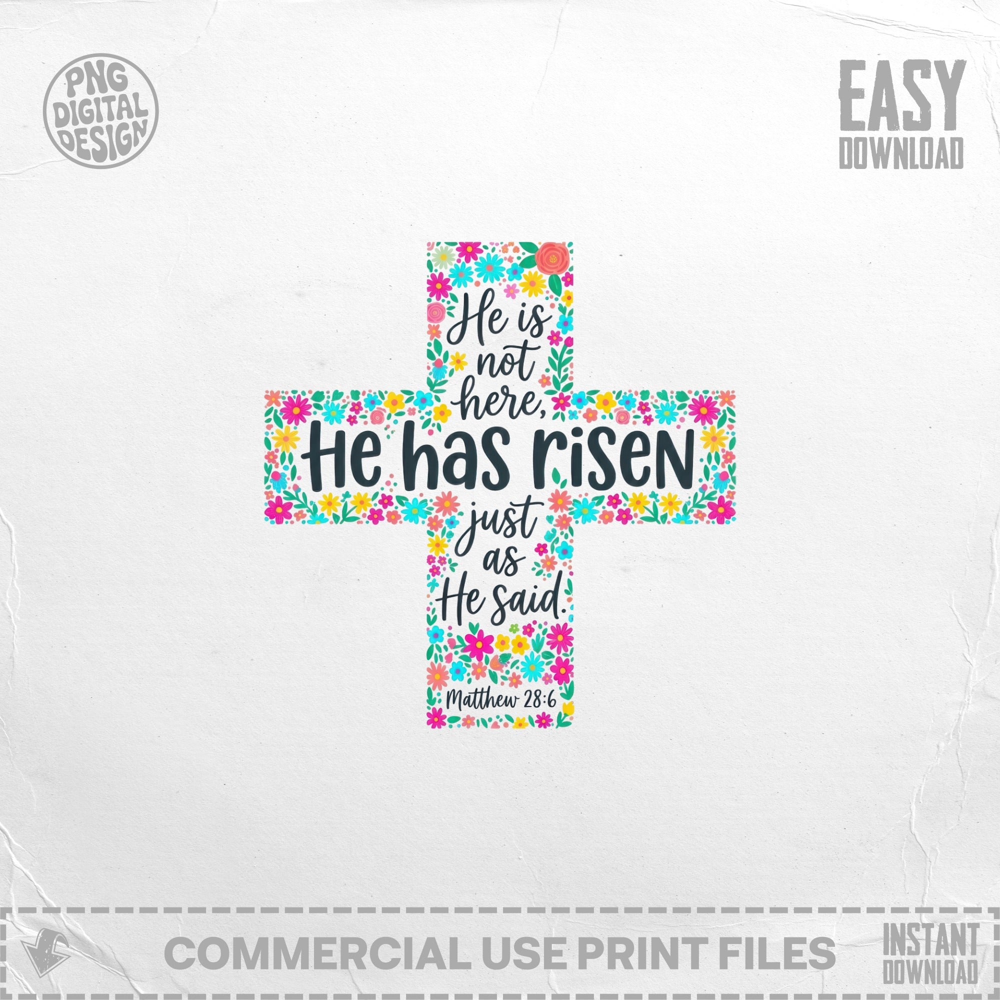 He Is Risen SVG PNG, Easter Cross SVG, Matthew 28 6, Bible Verse, Christian Religious Download, Scripture Clipart, Floral He Has Risen