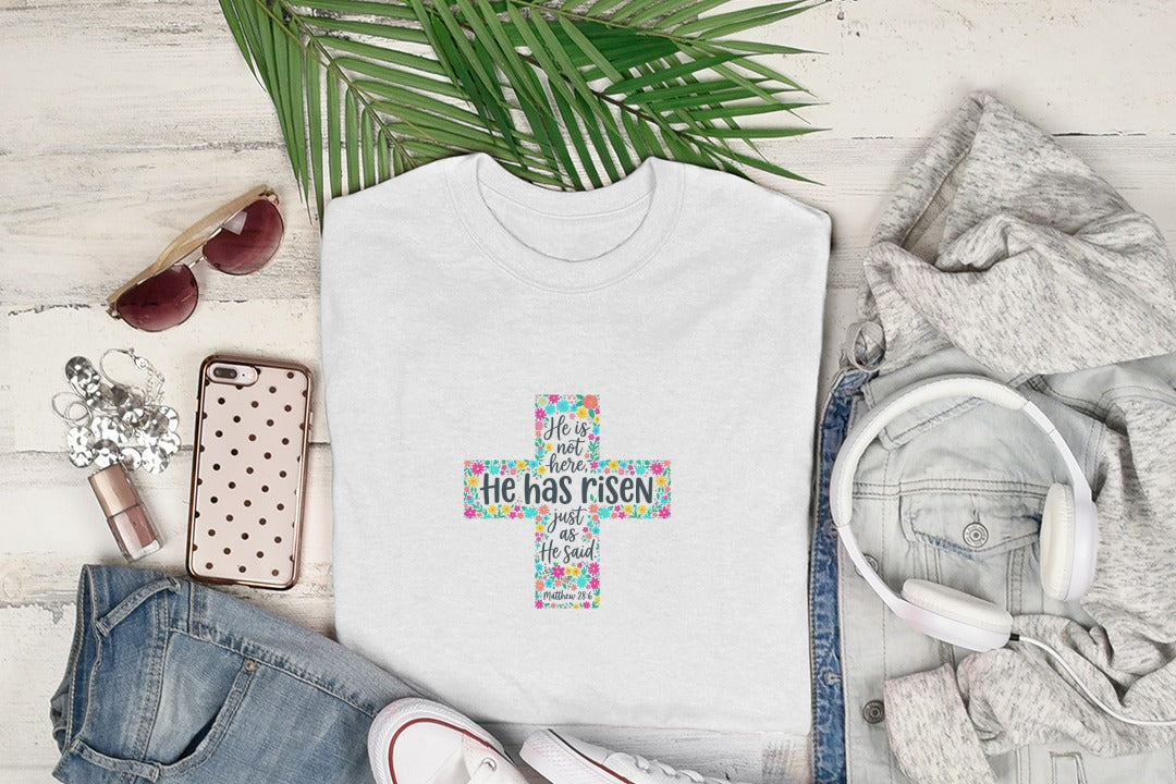 He Is Risen SVG PNG, Easter Cross SVG, Matthew 28 6, Bible Verse, Christian Religious Download, Scripture Clipart, Floral He Has Risen