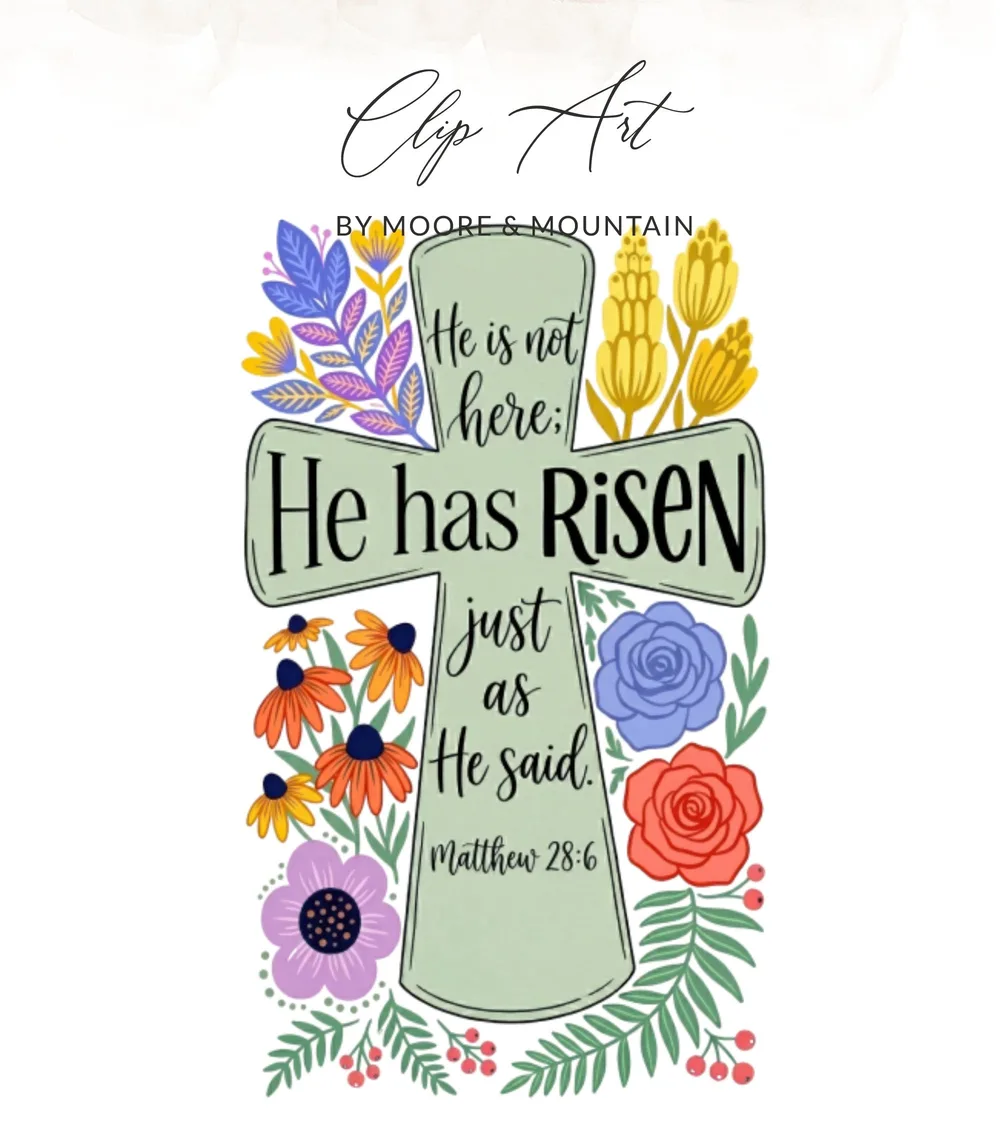 He is Risen SVG, PNG, Matthew 28 6 Bible Verse, Easter Cross, Christian Religious Art, Scripture Clipart, Spring Floral Digital
