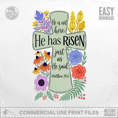 He is Risen SVG, PNG, Matthew 28 6 Bible Verse, Easter Cross, Christian Religious Art, Scripture Clipart, Spring Floral Digital